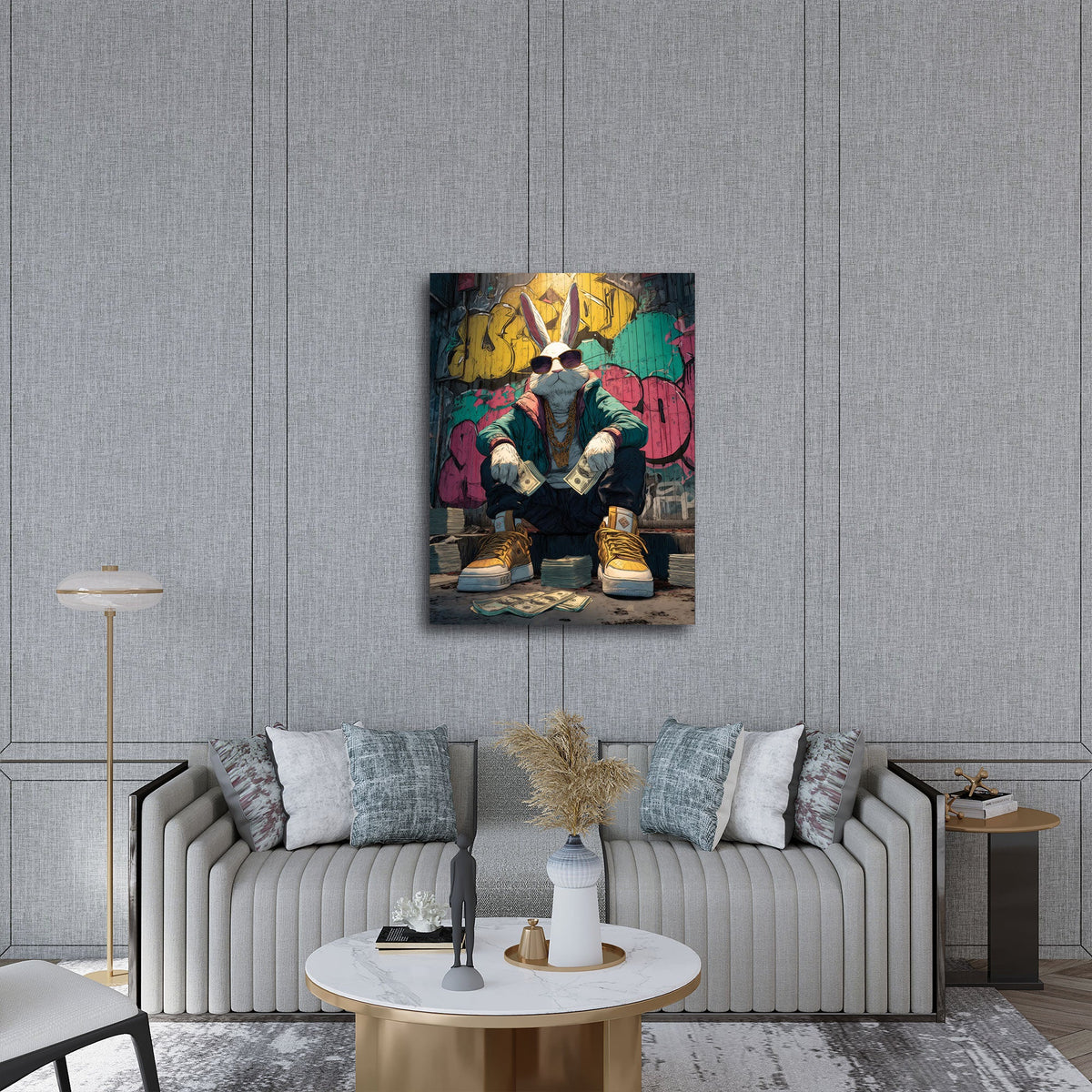 Quadro coniglio streetwear ambientato