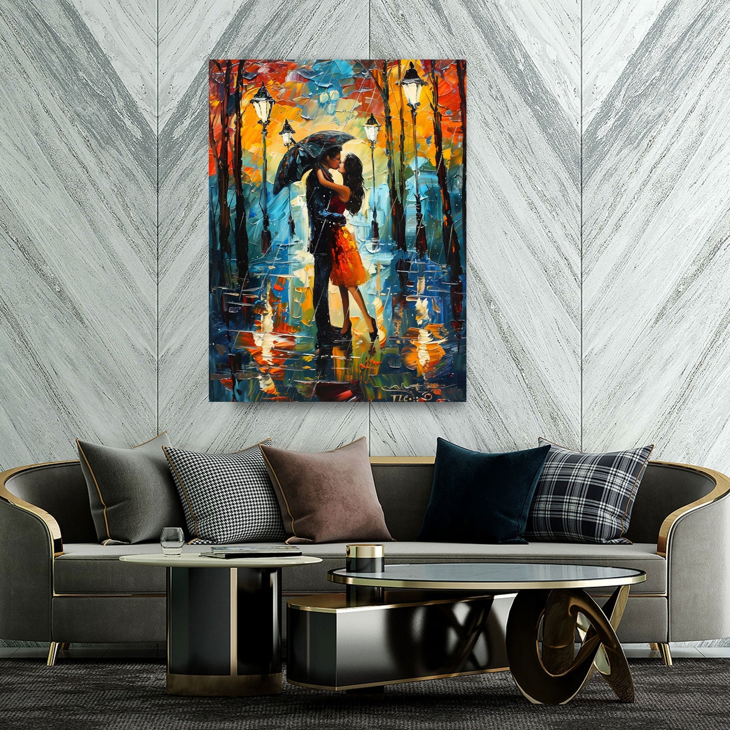 Coppia bacio pioggia scena romantica con ombrello quadro