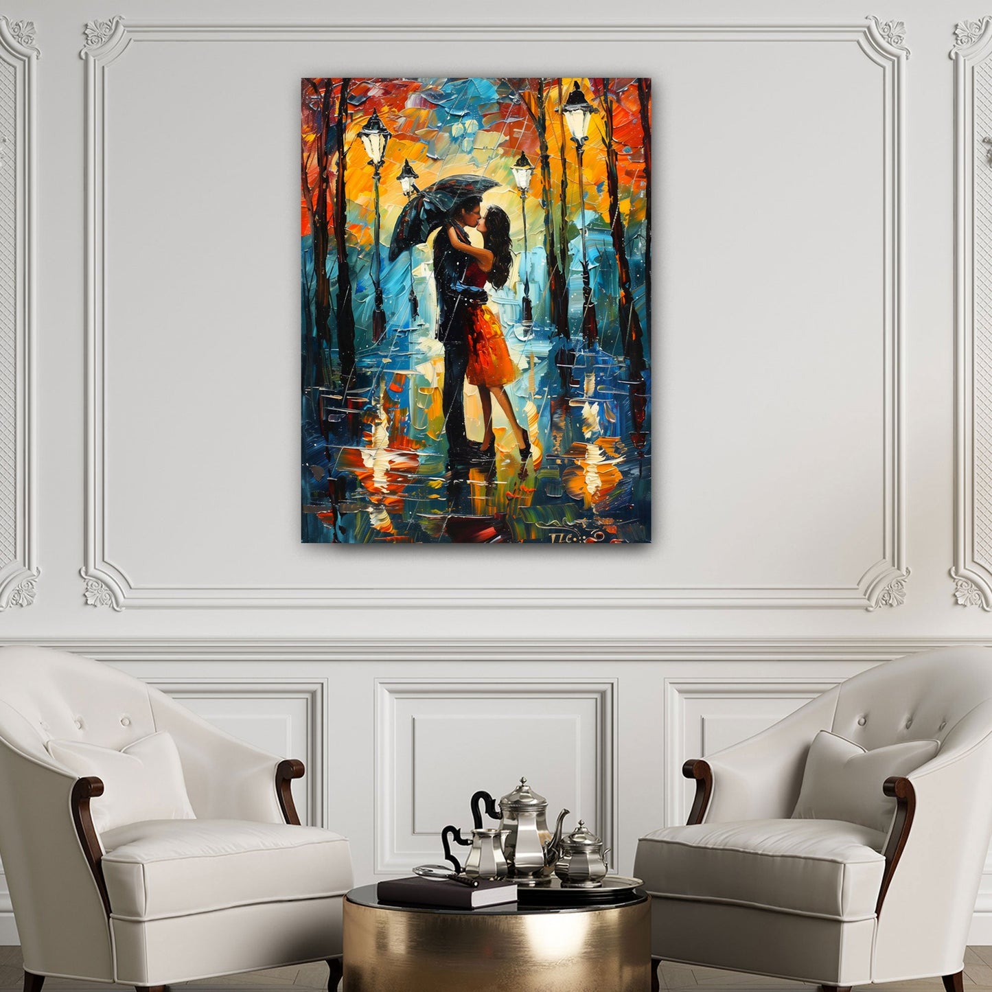 Coppia bacio pioggia scena romantica con ombrello quadro