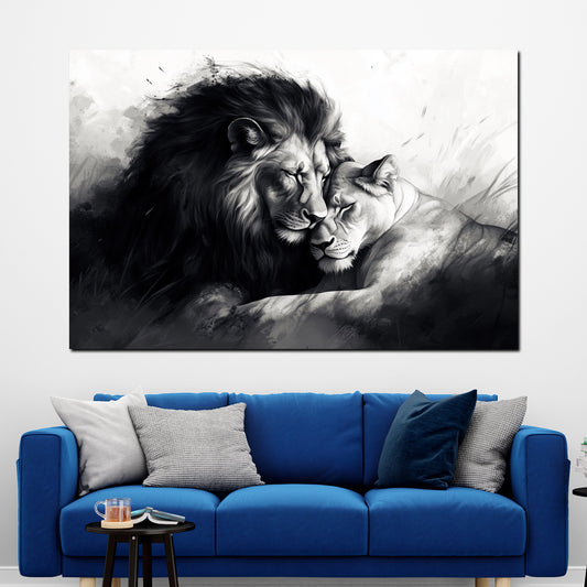 Coppia di leoni arte romantica bianco e nero quadro