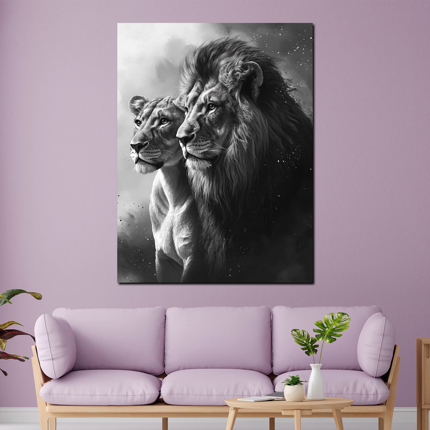 Coppia di leoni ritratto bianco e nero quadro