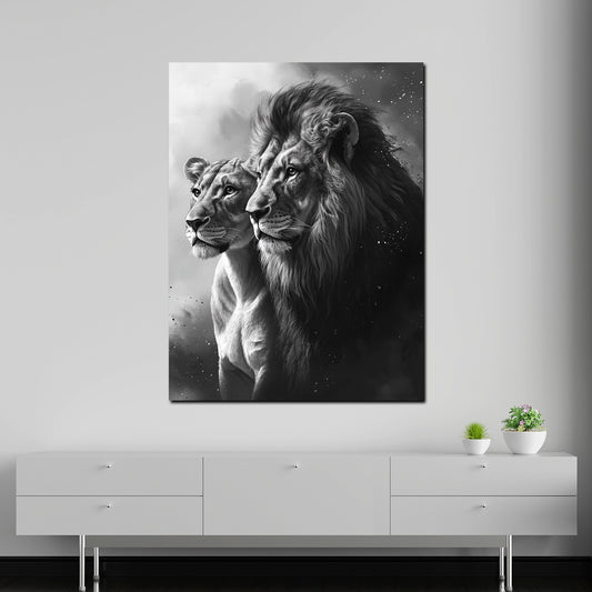 Coppia di leoni ritratto bianco e nero quadro