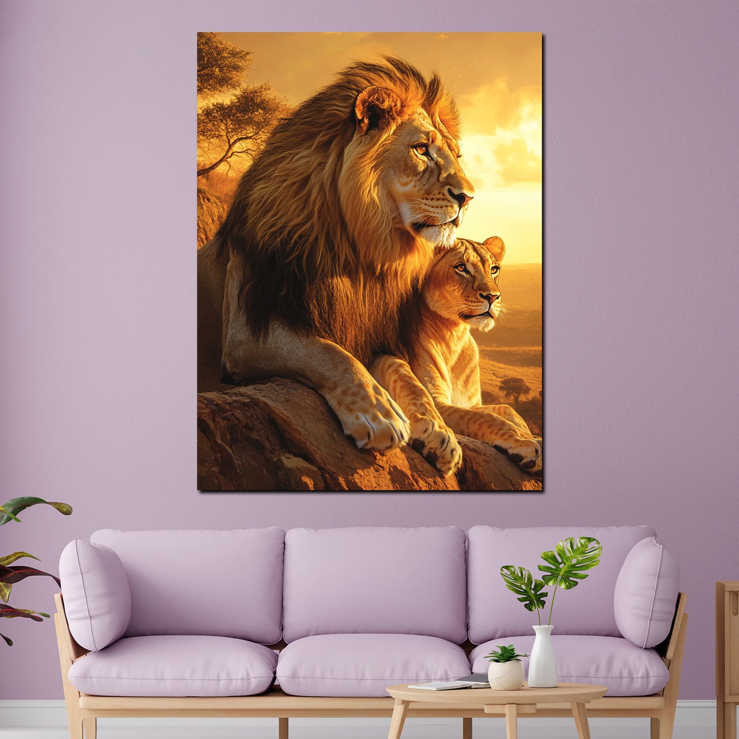 Coppia di leoni tramonto africano quadro