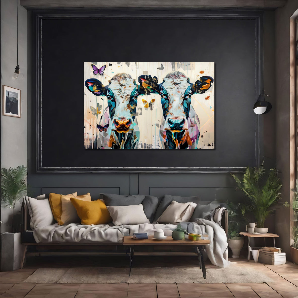 Quadro mucche farfalle in soggiorno