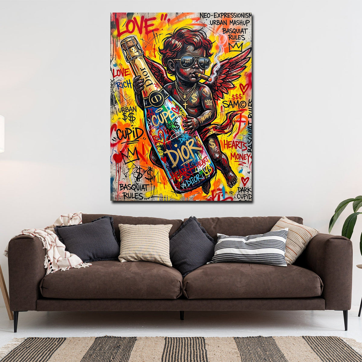 Quadro Cupido con bottiglia Graffiti appeso in soggiorno