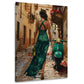 Donna abito verde Vespa strada dai colori vivaci quadro