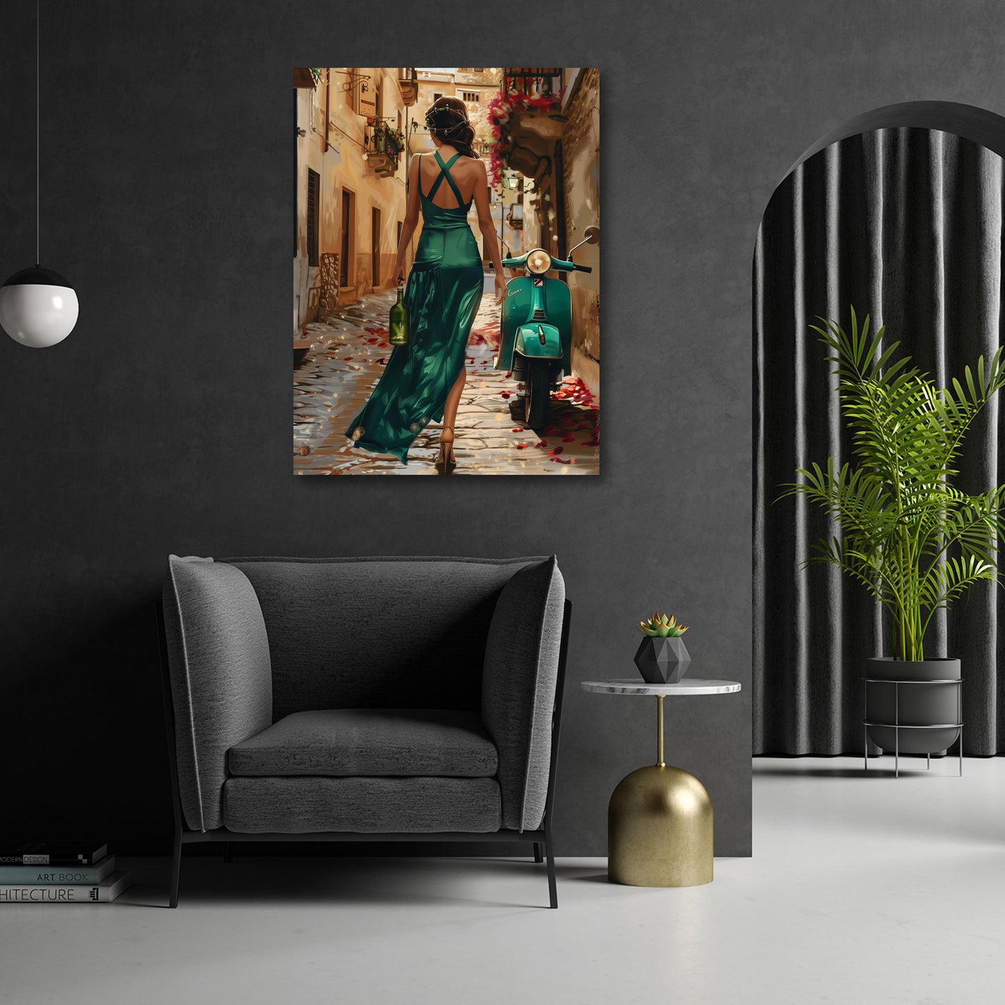 Donna abito verde Vespa strada dai colori vivaci quadro