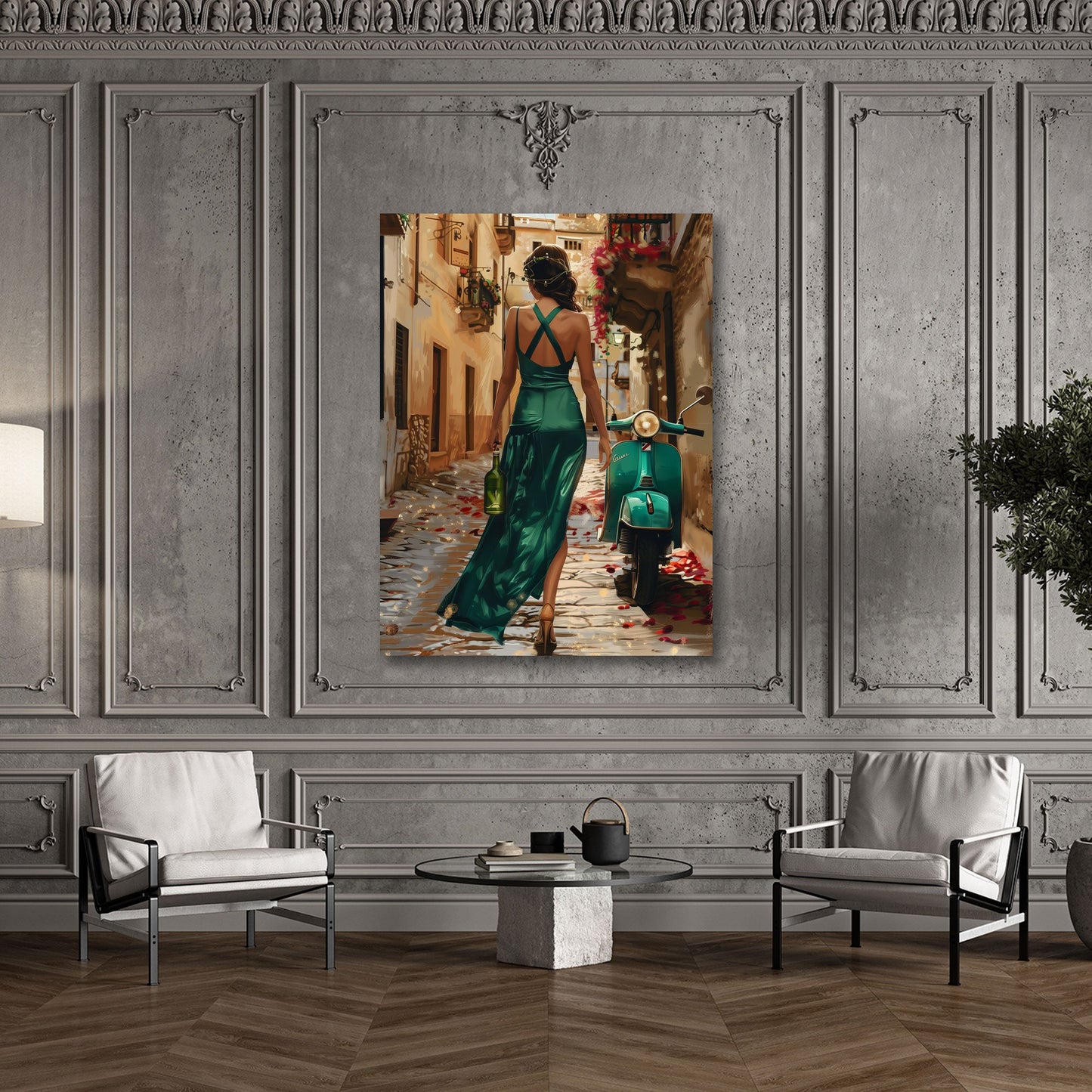 Donna abito verde Vespa strada dai colori vivaci quadro