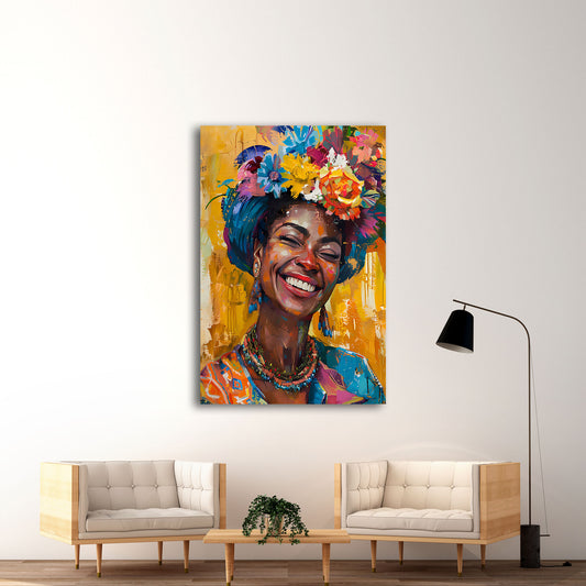 Donna africana sorridente con corona di fiori quadro