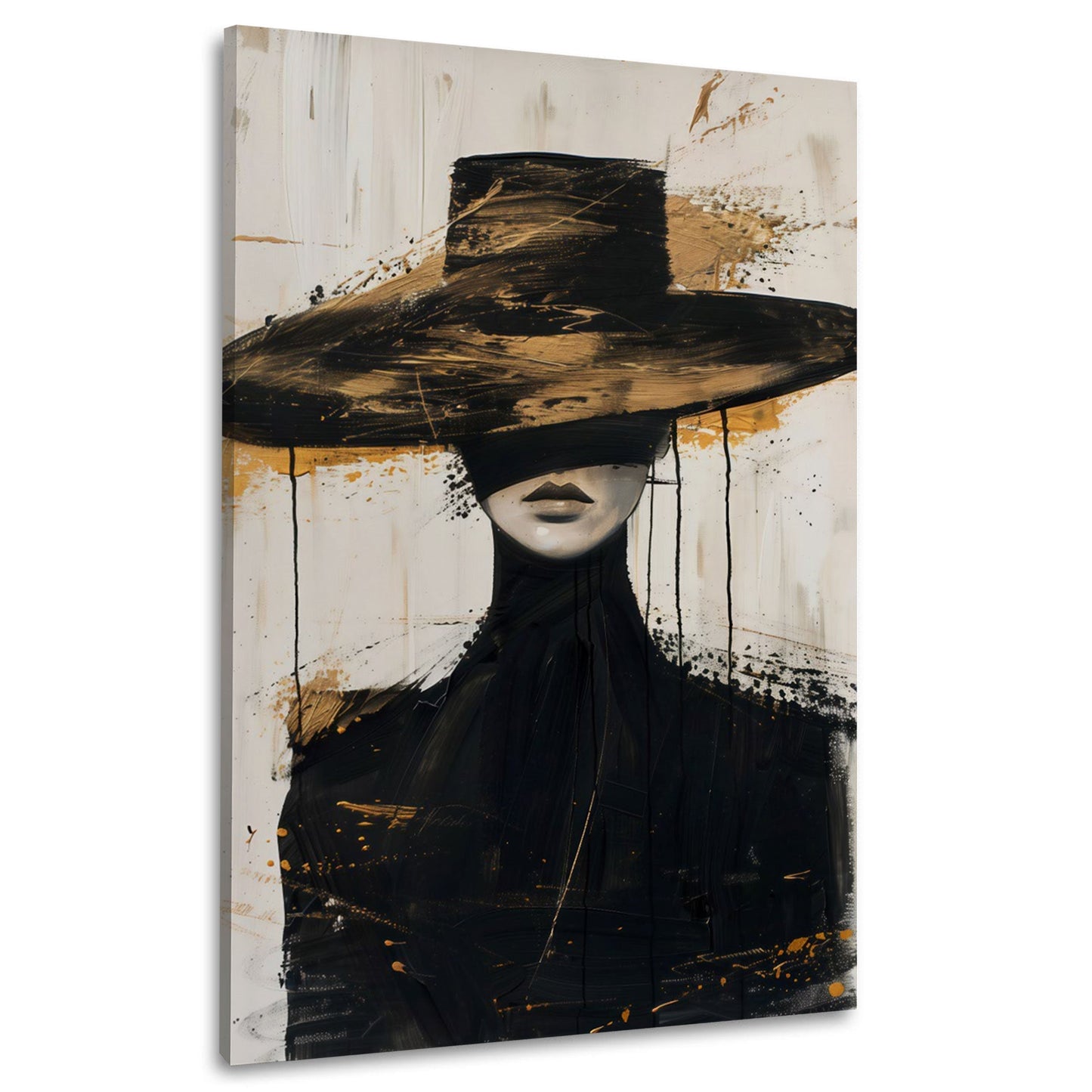 Donna astratta elegante cappello nero oro stile moderno quadro