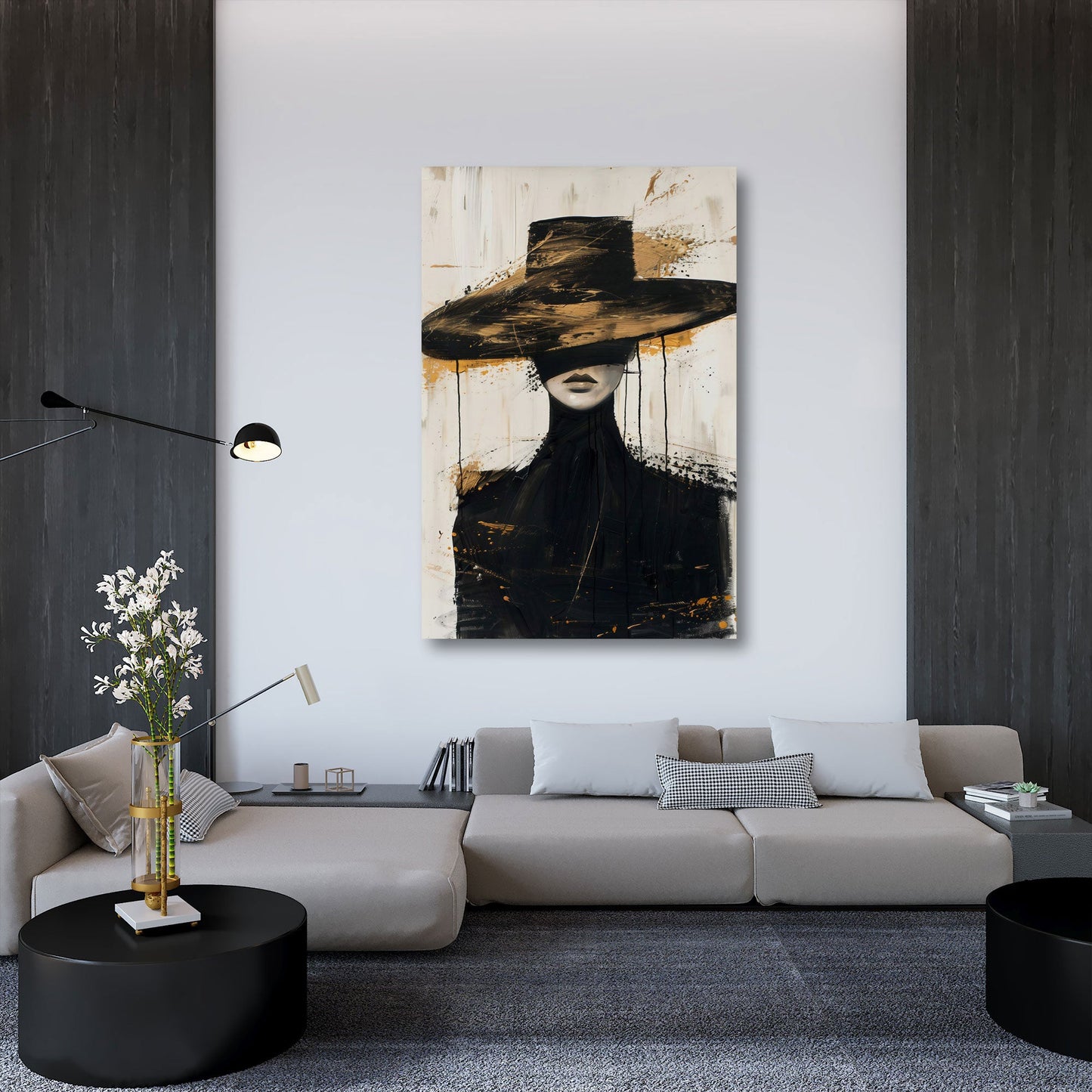 Donna astratta elegante cappello nero oro stile moderno quadro