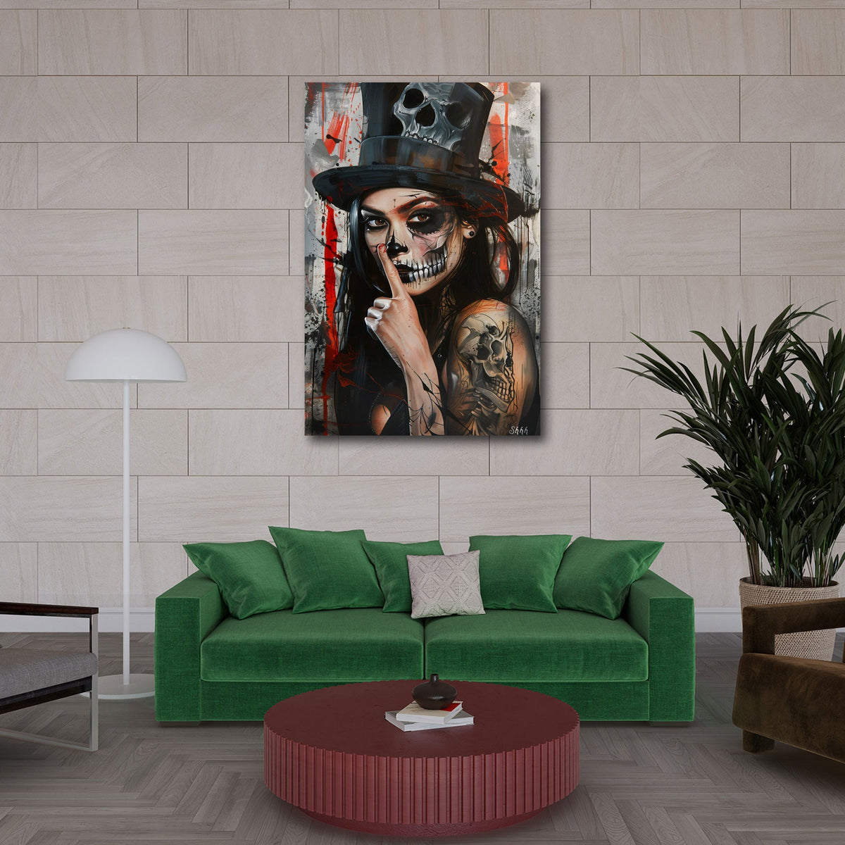 Donna Catrina con cappello teschio e tatuaggi Street Art quadro