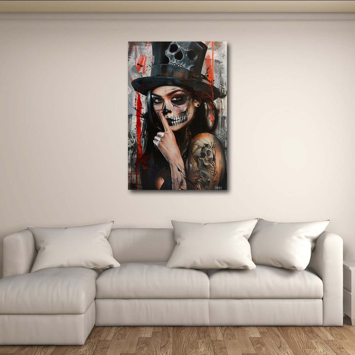 Donna Catrina con cappello teschio e tatuaggi Street Art quadro