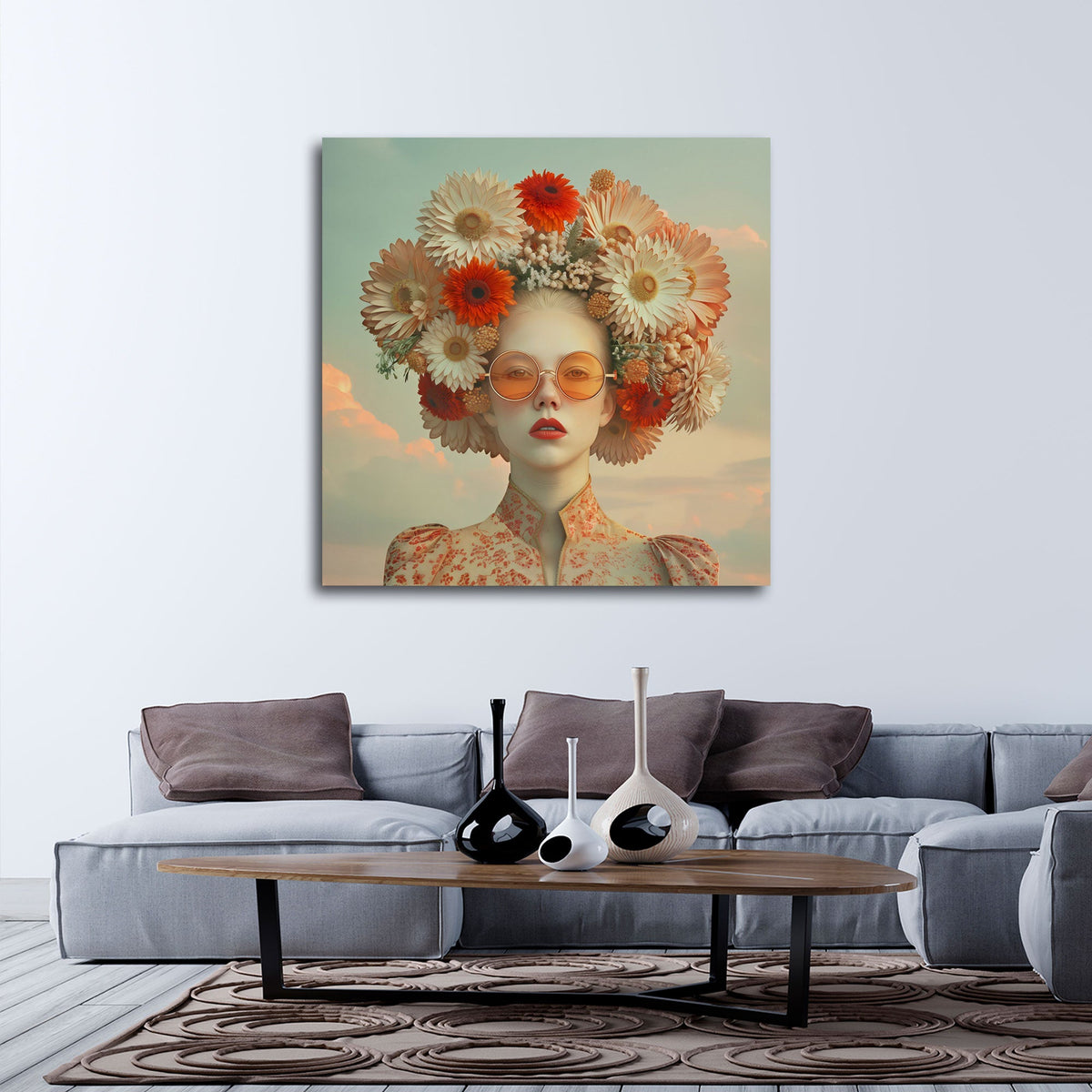 Quadro donna corona di fiori ambientato