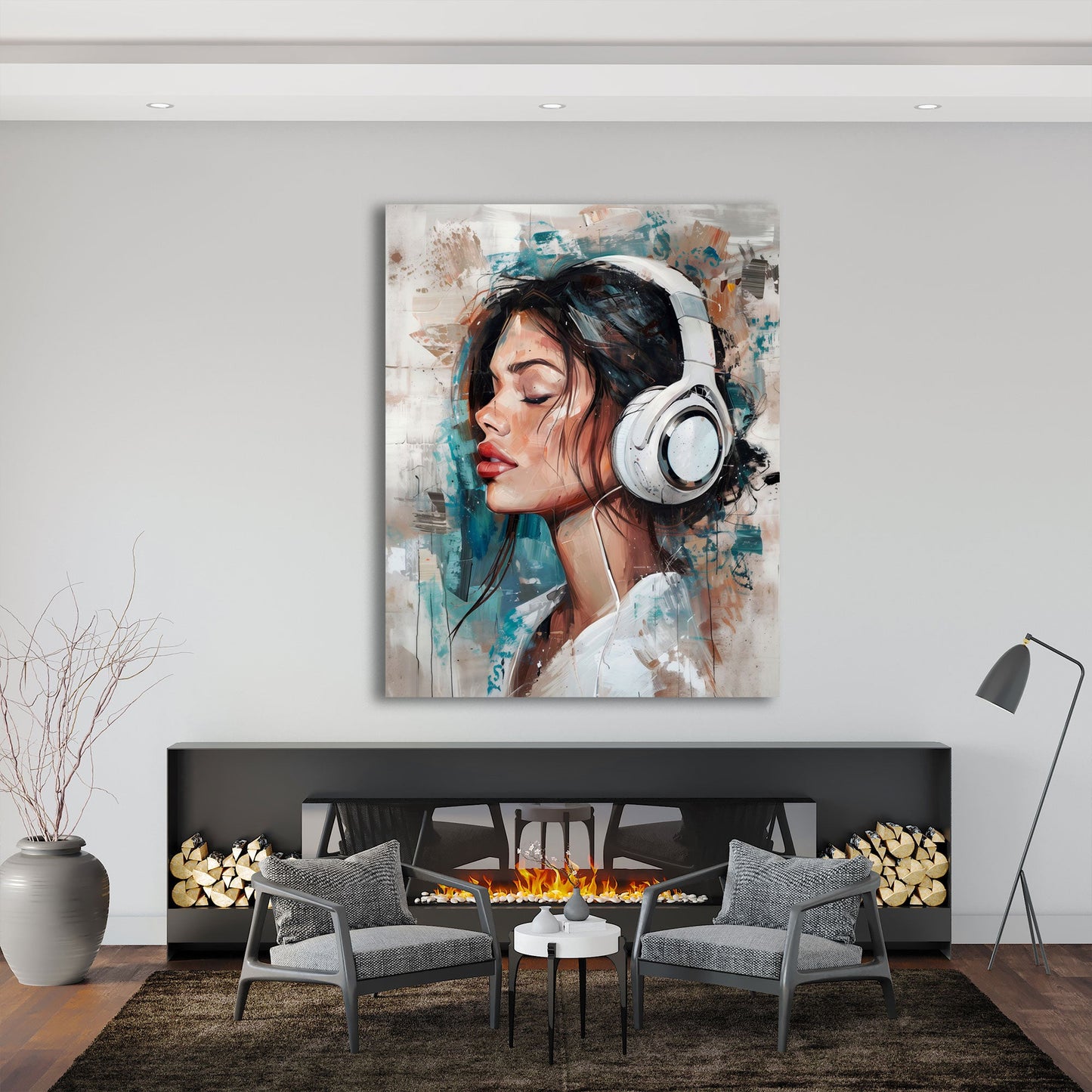 Donna con cuffie acquerello con colori brillanti quadro