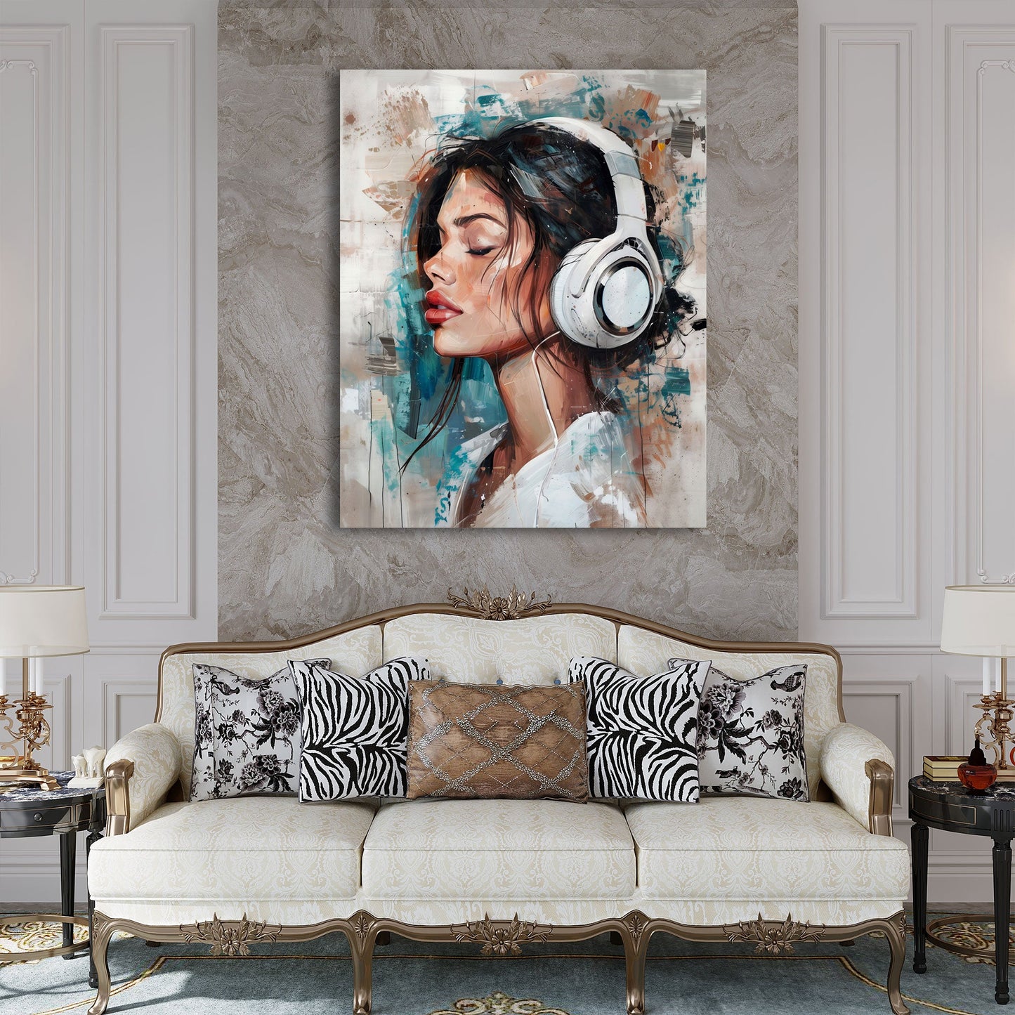Donna con cuffie acquerello con colori brillanti quadro