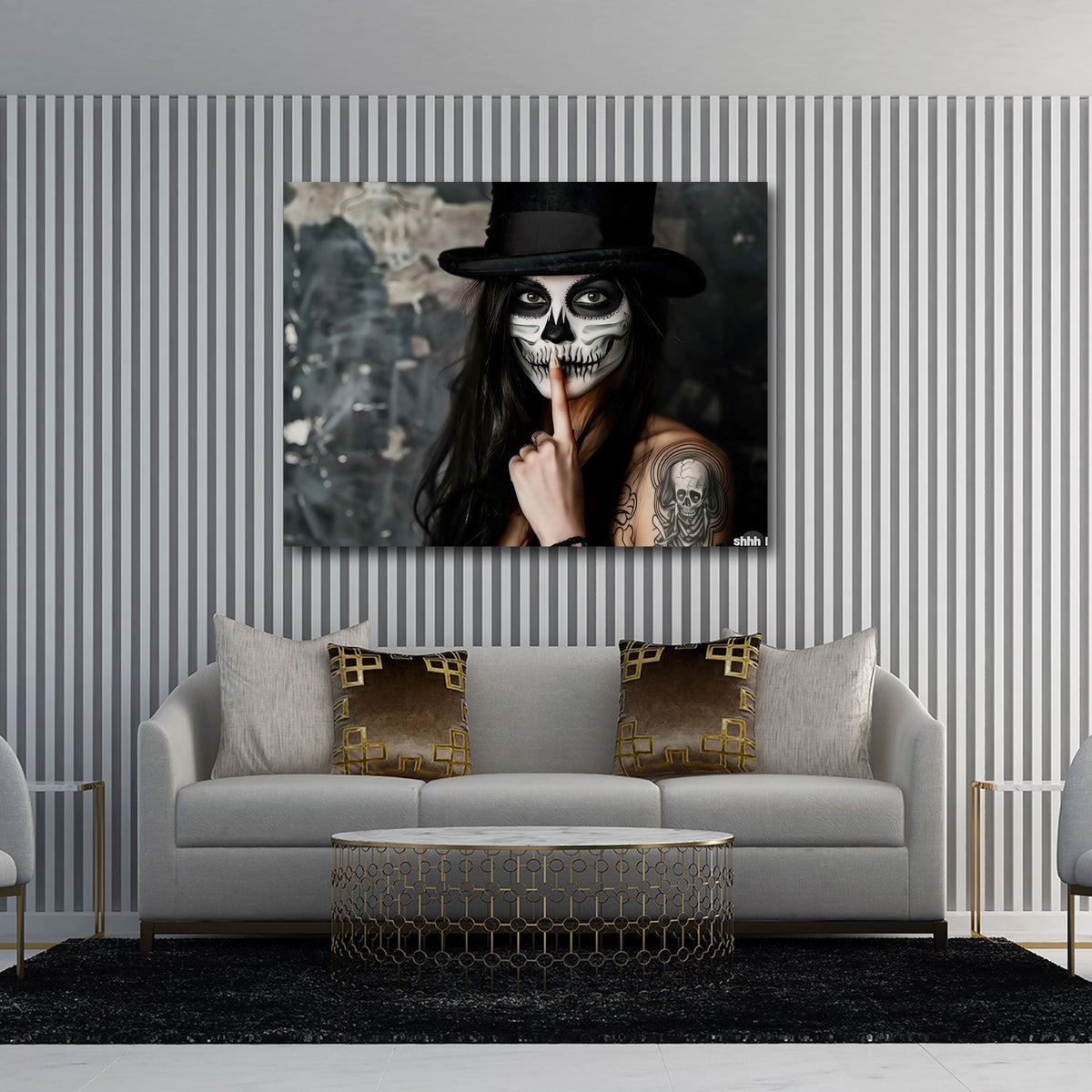 Donna con trucco da teschio e cilindro in ritratto gothic quadro