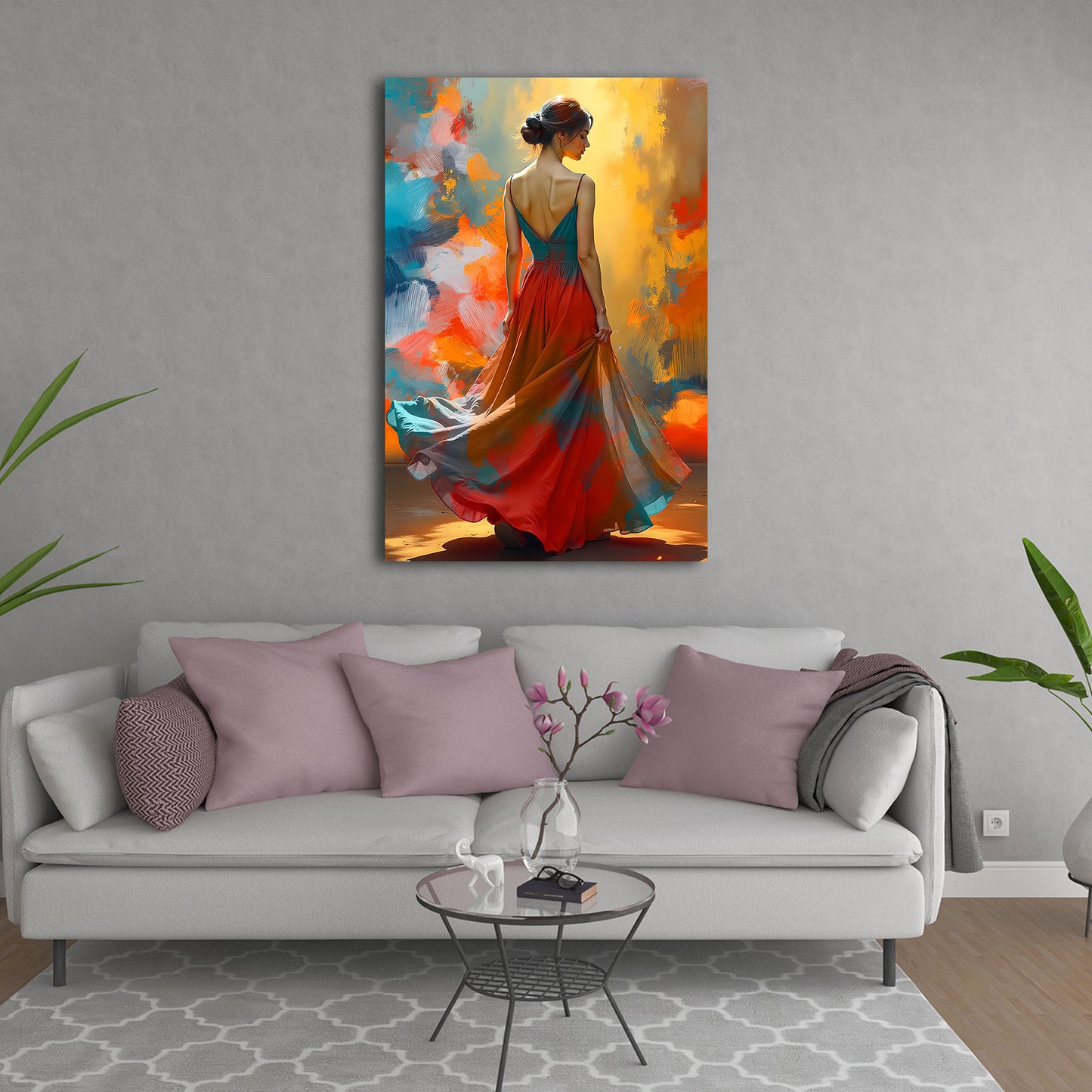 Donna elegante abito colorato arte astratta quadro