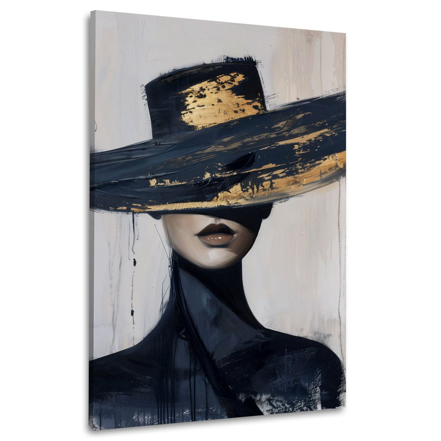 Donna elegante cappello nero oro dai toni vivaci quadro
