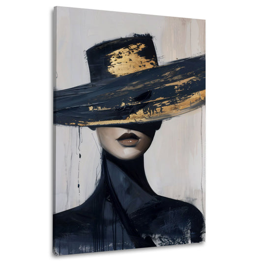 Donna elegante cappello nero oro dai toni vivaci quadro