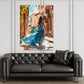 Donna elegante in vestito blu con vespa in scena estiva quadro