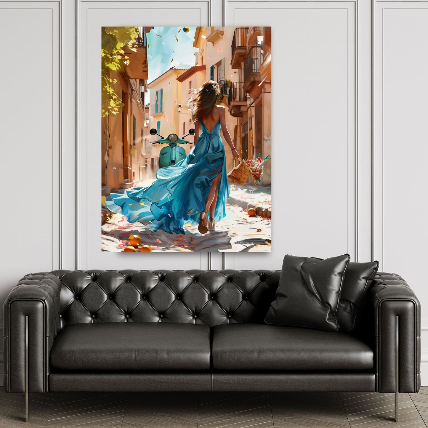 Donna elegante in vestito blu con vespa in scena estiva quadro