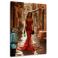 Donna in abito rosso scena urbana dai toni caldi quadro