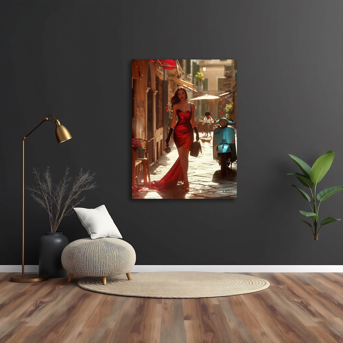 Donna in abito rosso scena urbana dai toni caldi quadro