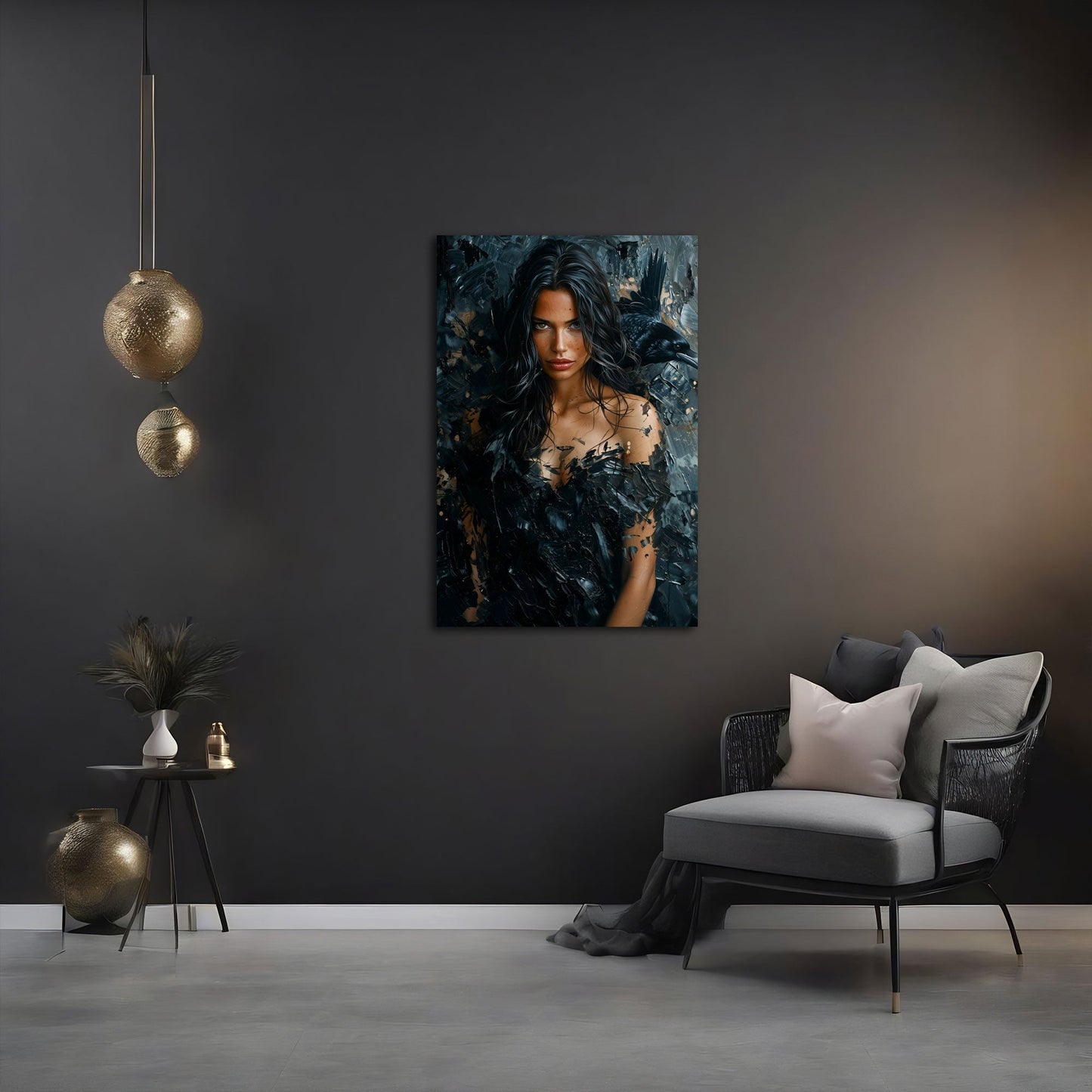 Donna misteriosa con lunghe piume nere e un corvo quadro