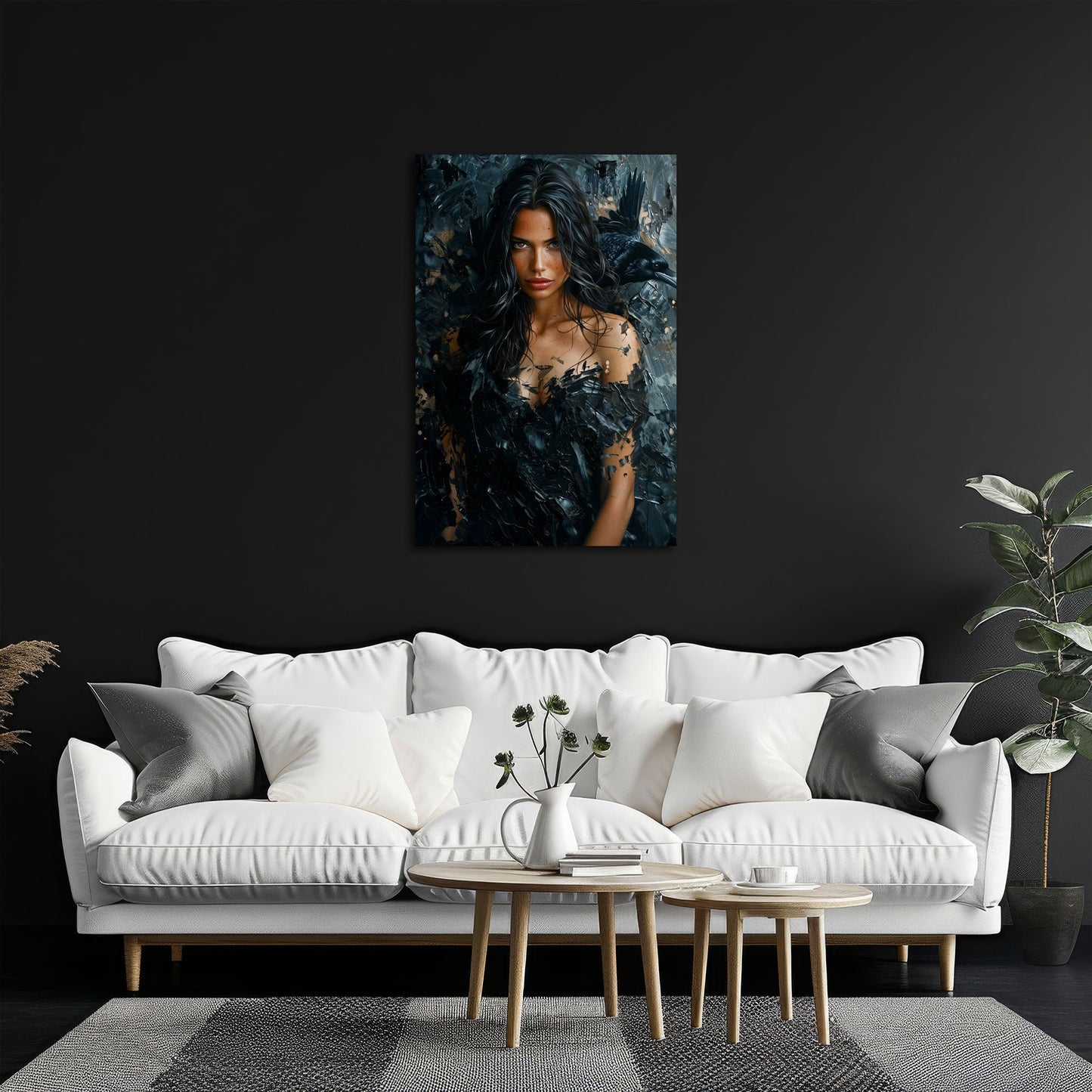 Donna misteriosa con lunghe piume nere e un corvo quadro