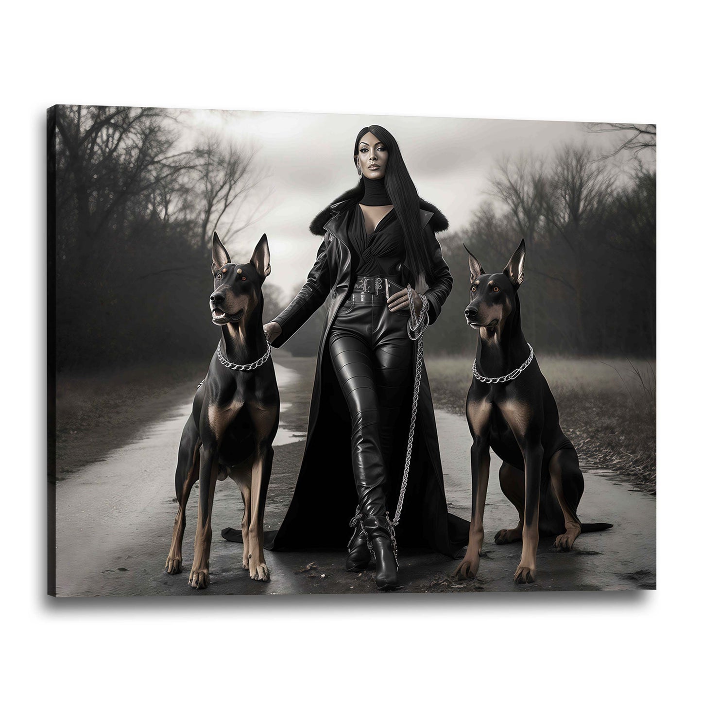 Donna potente cani dobermann look nero quadro
