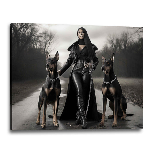 Donna potente cani dobermann look nero quadro