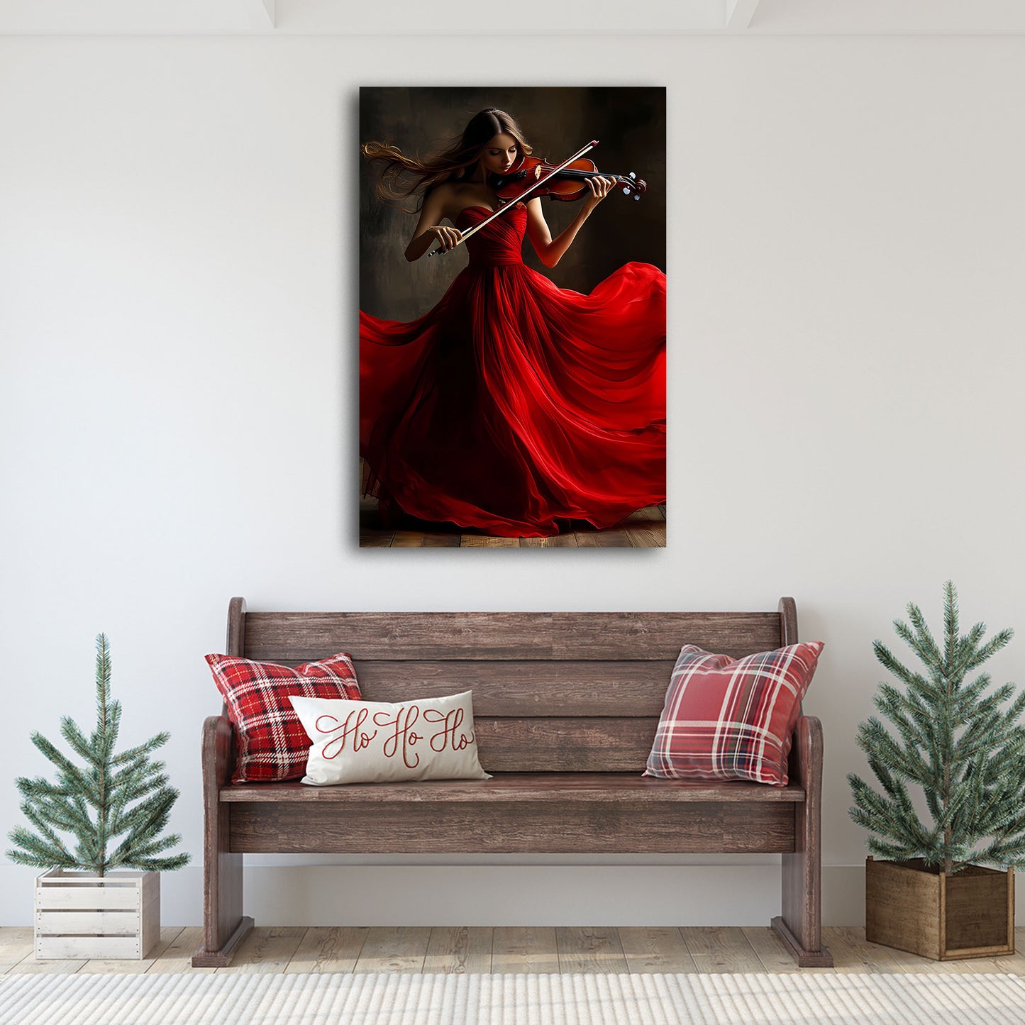 Donna violino vestito rosso atmosfera classica quadro