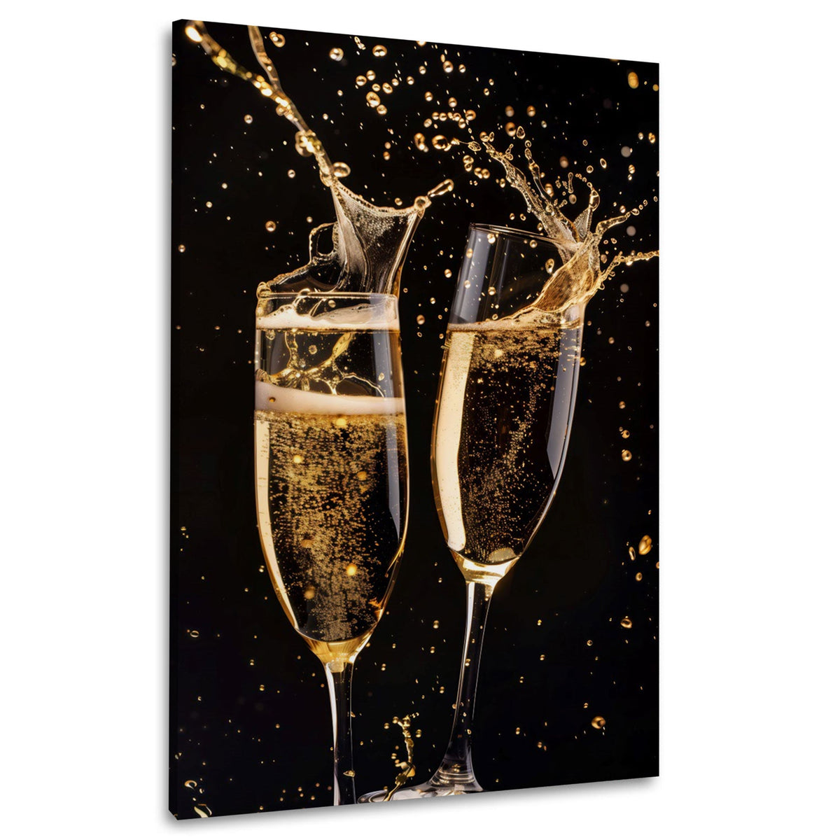 Due calici di spumante con schizzi di champagne dorati quadro
