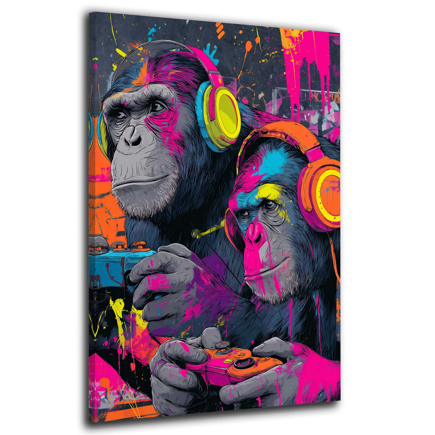 Due gorilla con cuffie e controller neon graffiti quadro