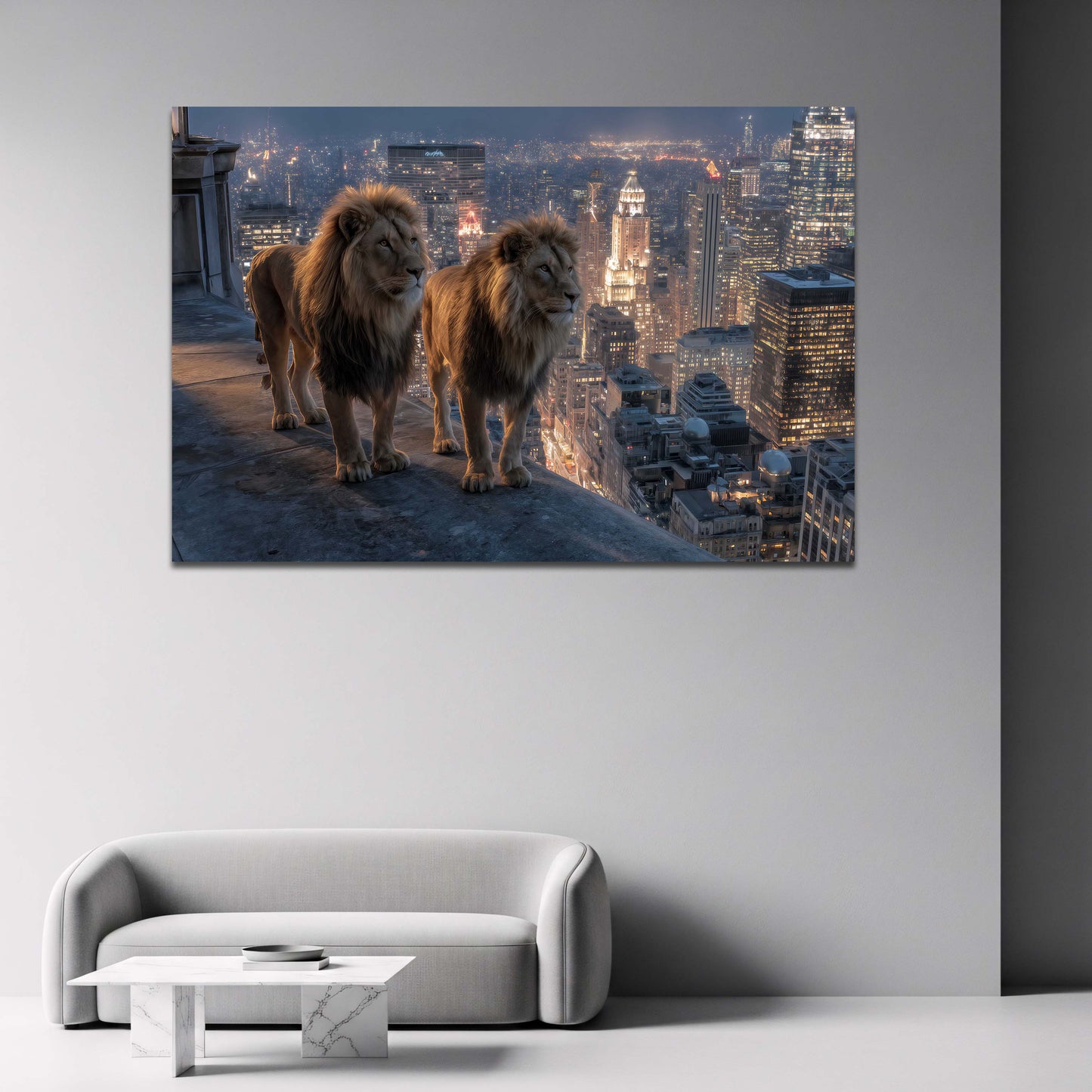 Due leoni sul tetto con skyline di New York di notte quadro