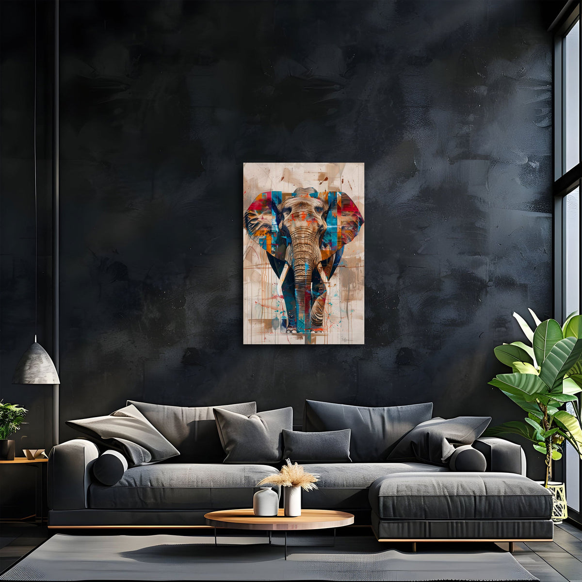 Quadro elefante geometrico in soggiorno