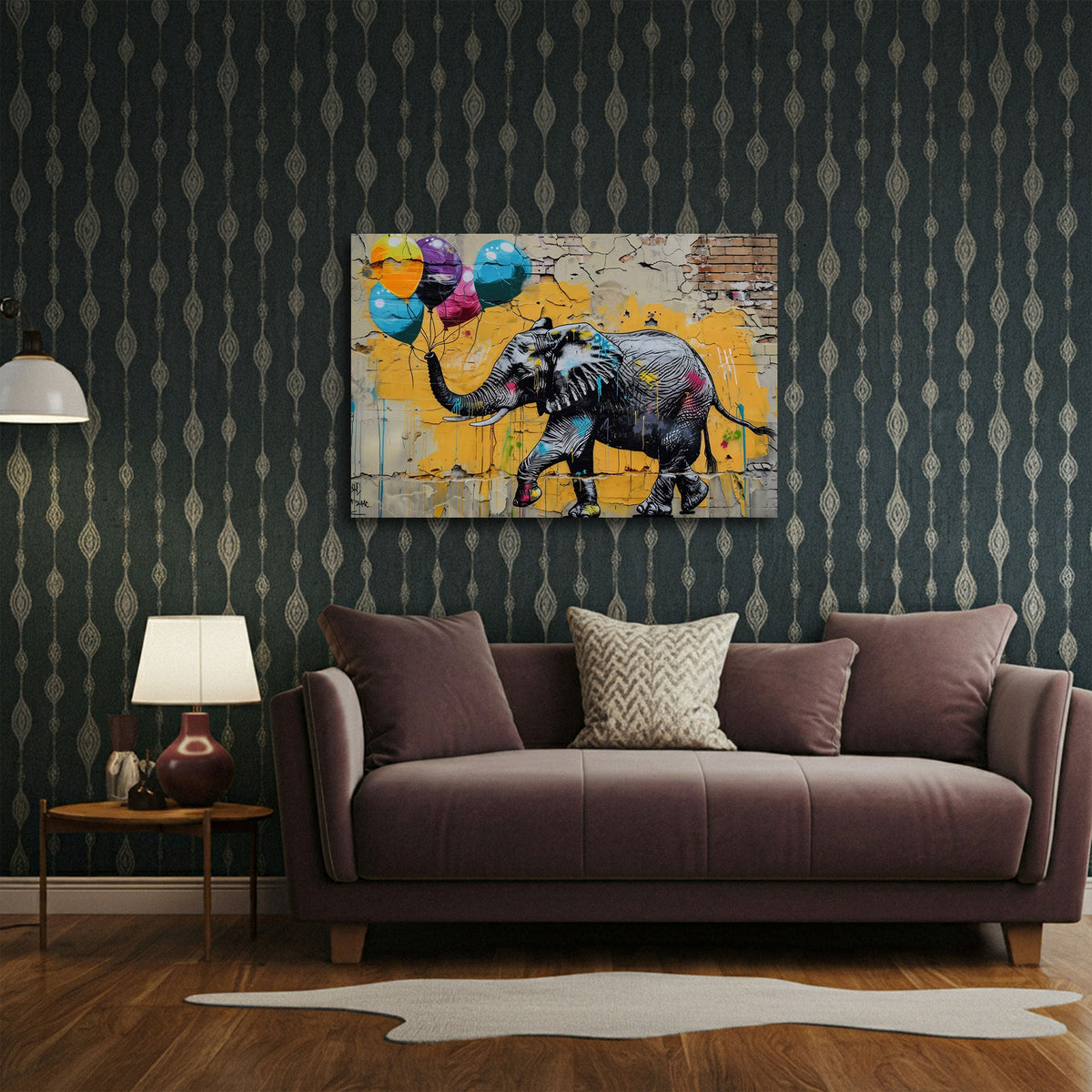 Elefante con palloncini su muro giallo in stile Street Art quadro