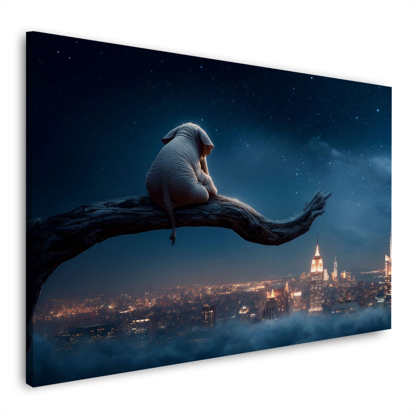 Elefante sognante sul ramo sopra la skyline notturna quadro - Mockup 1