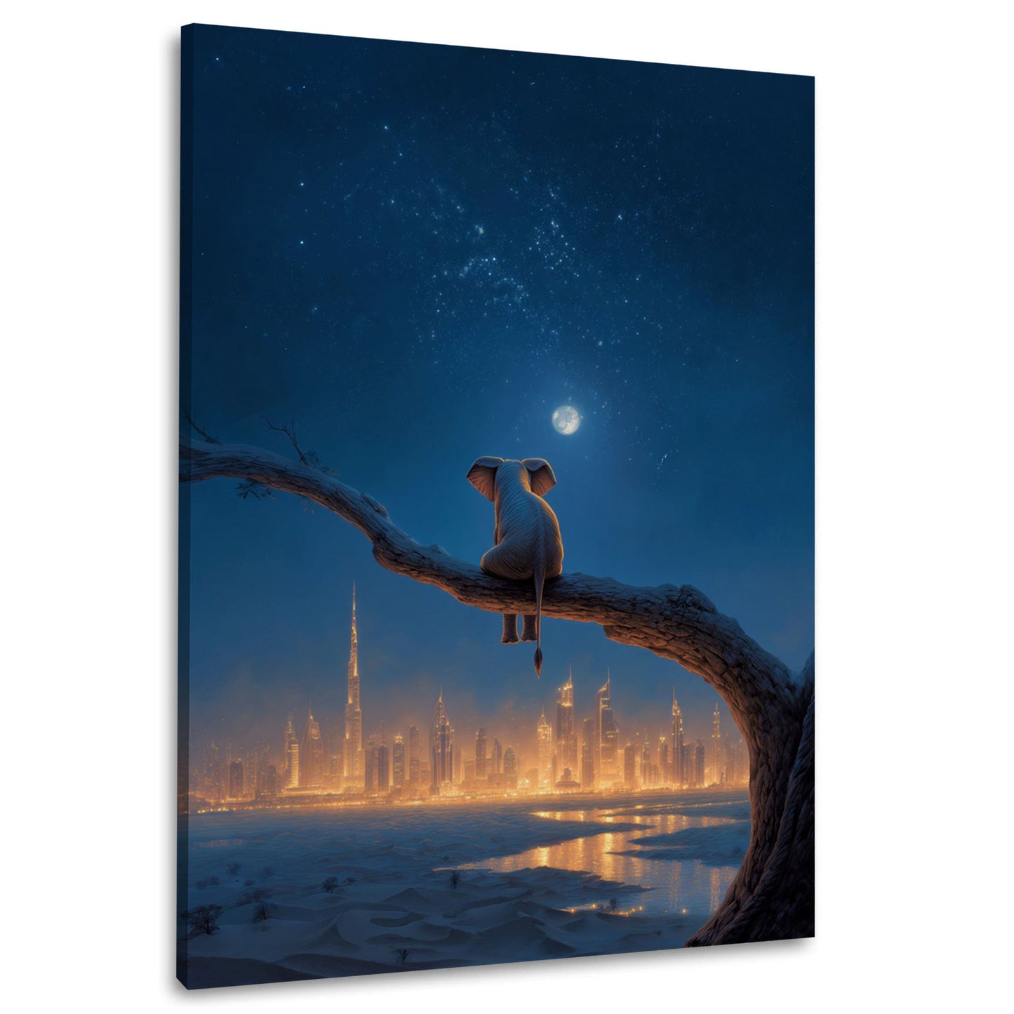 Elefante sul ramo guarda la skyline di Dubai di notte quadro
