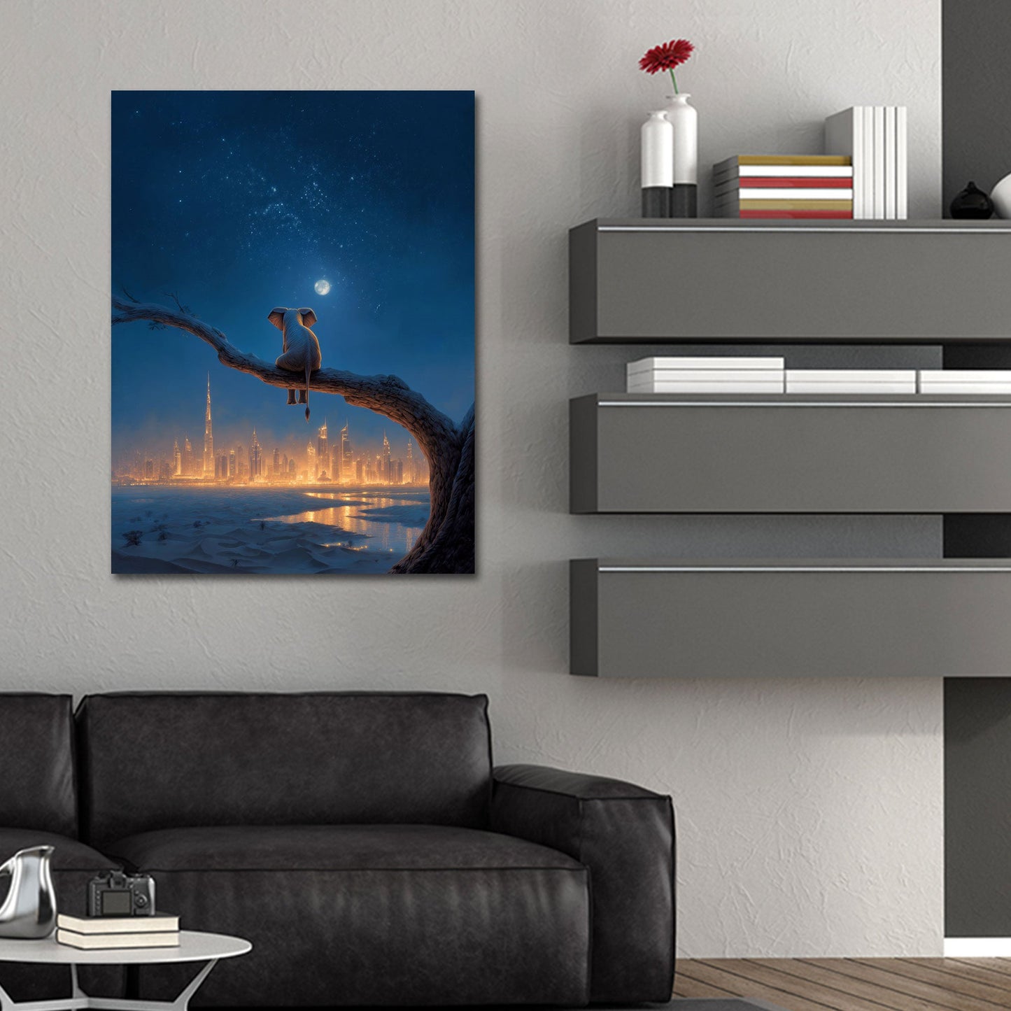 Elefante sul ramo guarda la skyline di Dubai di notte quadro