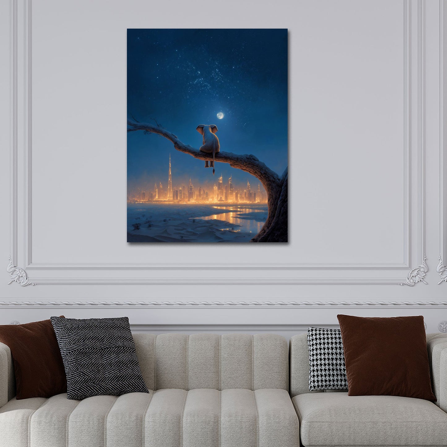 Elefante sul ramo guarda la skyline di Dubai di notte quadro