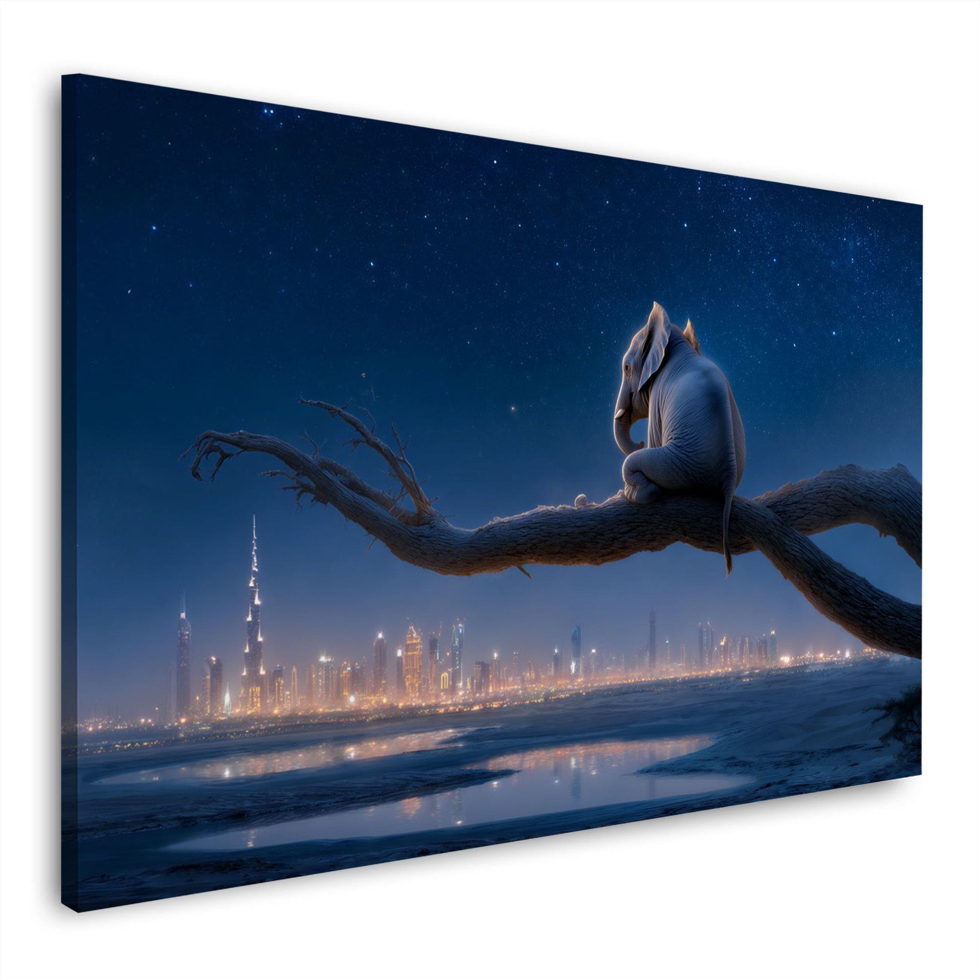 Elefante sul ramo osserva la skyline luminosa di notte quadro