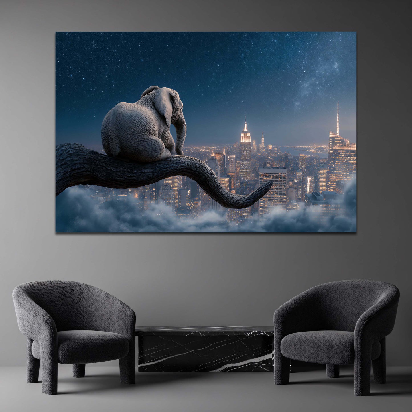 Elefante sul ramo sopra lo skyline di New York quadro - vista 3