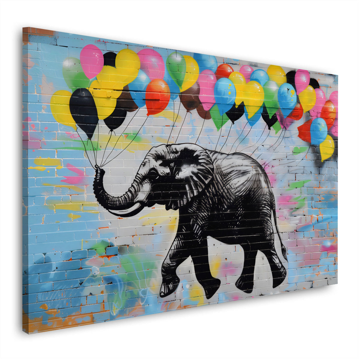 Elefante volante appeso a palloncini colorati Street Art quadro