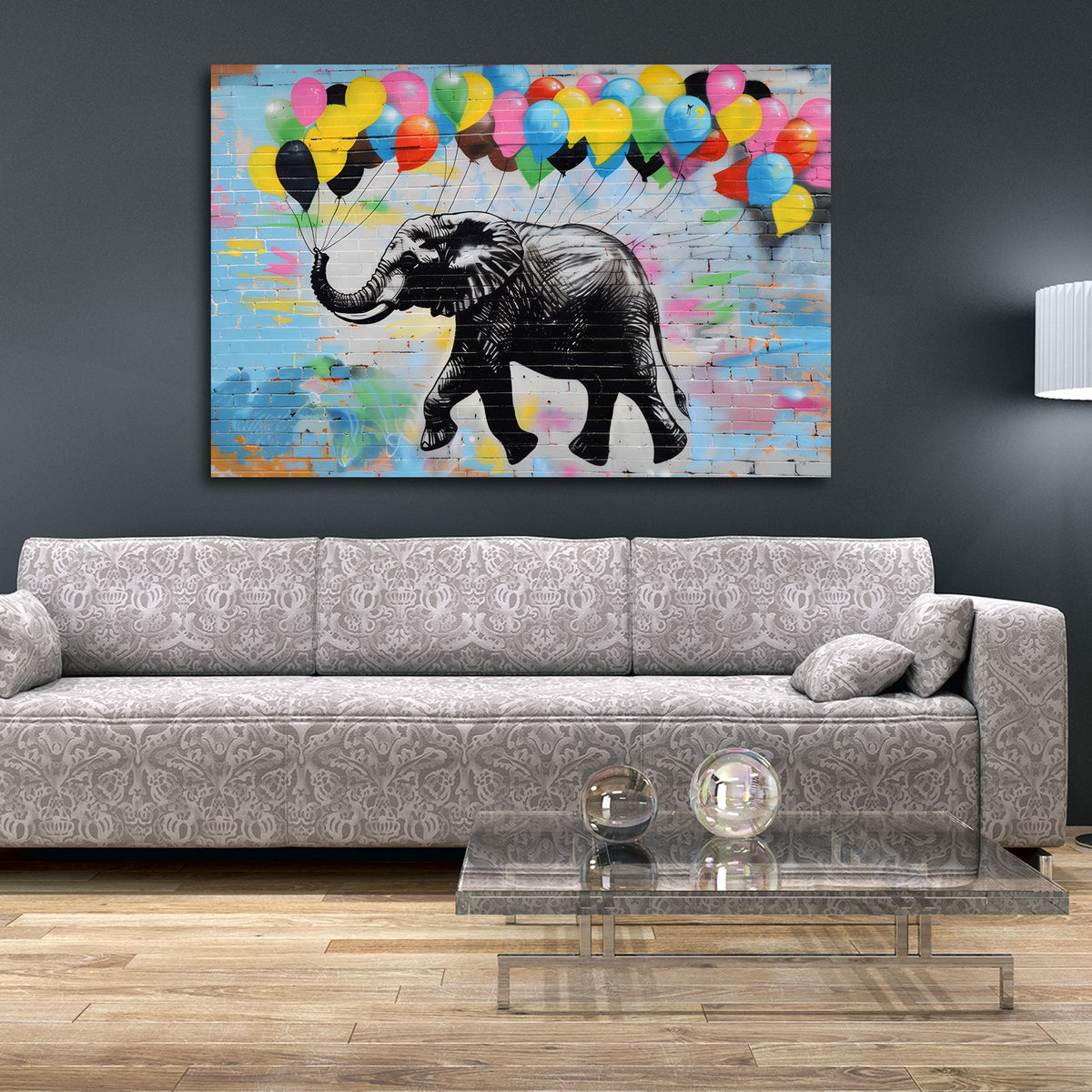 Elefante volante appeso a palloncini colorati Street Art quadro