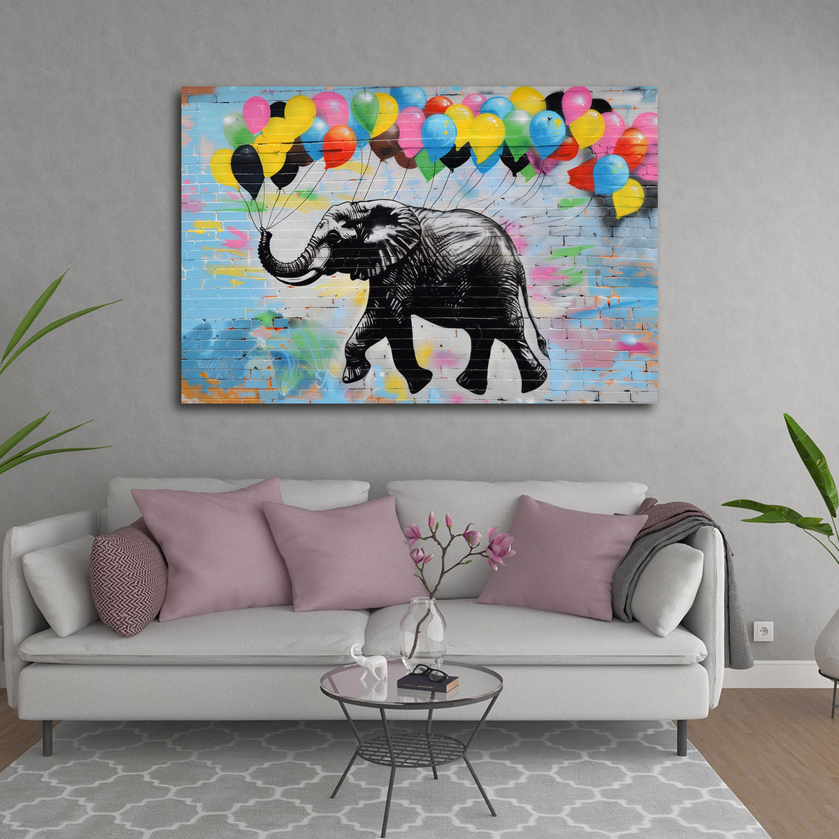 Elefante volante appeso a palloncini colorati Street Art quadro