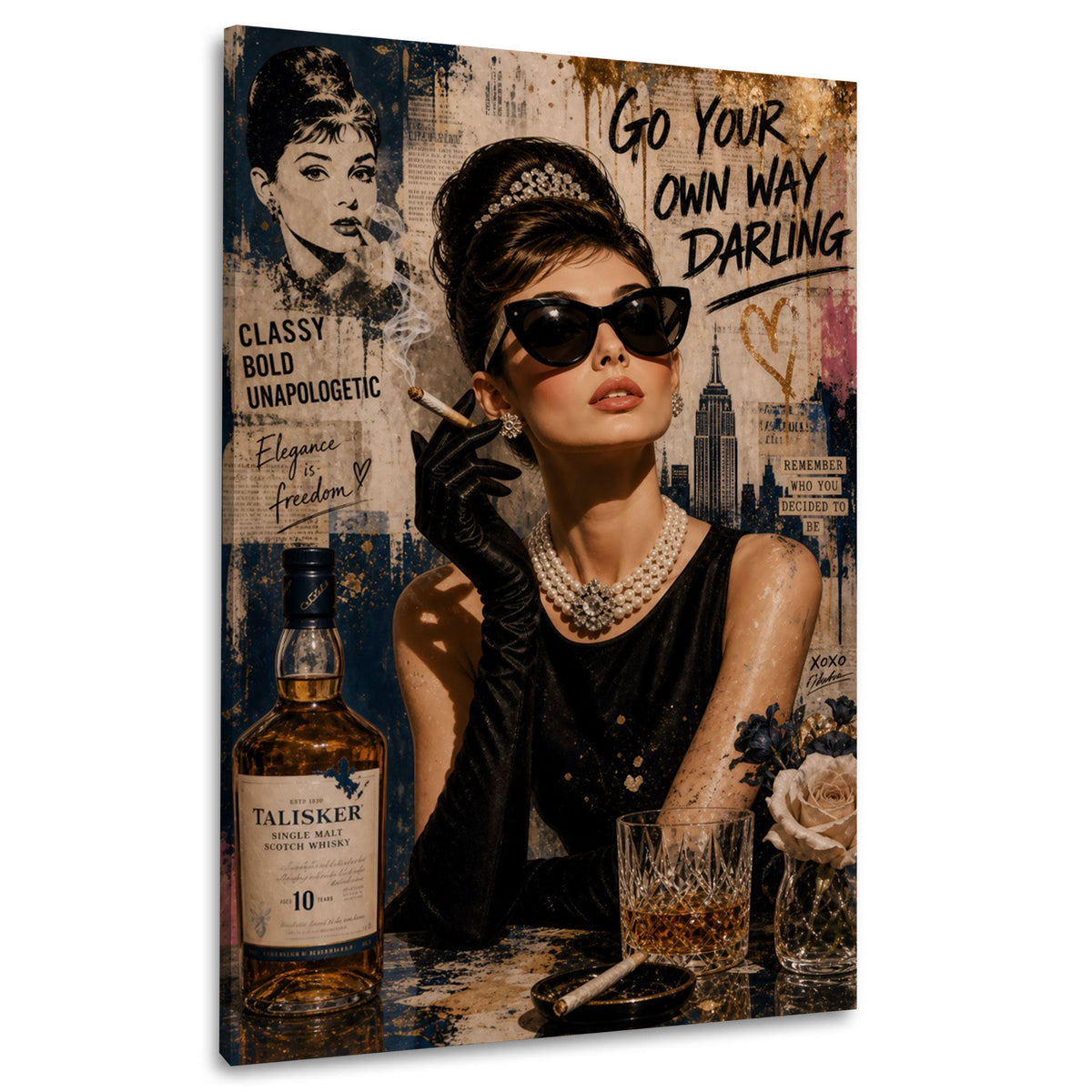 Elegante icona Audrey con perle e skyline di New York USA quadro