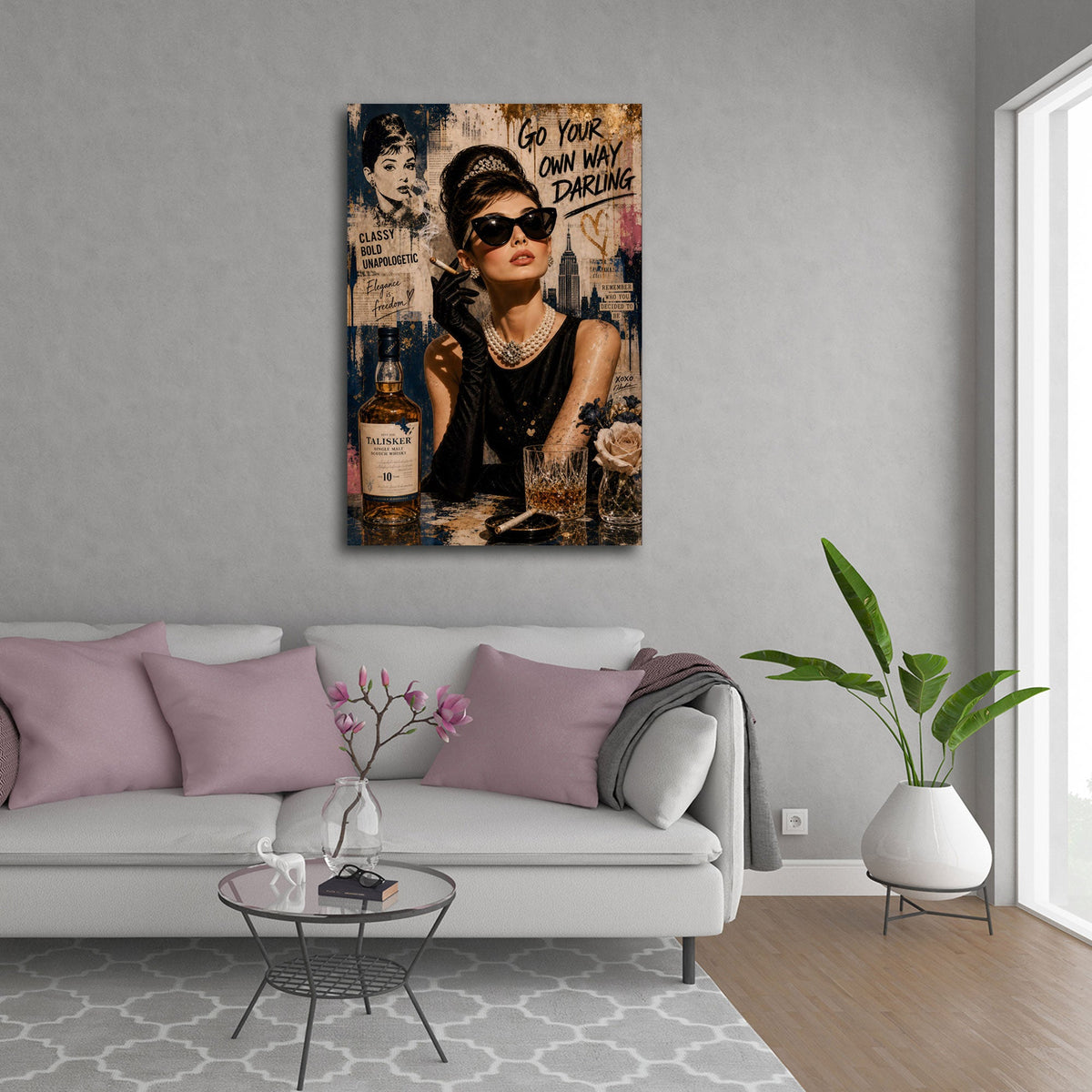 Elegante icona Audrey con perle e skyline di New York USA quadro