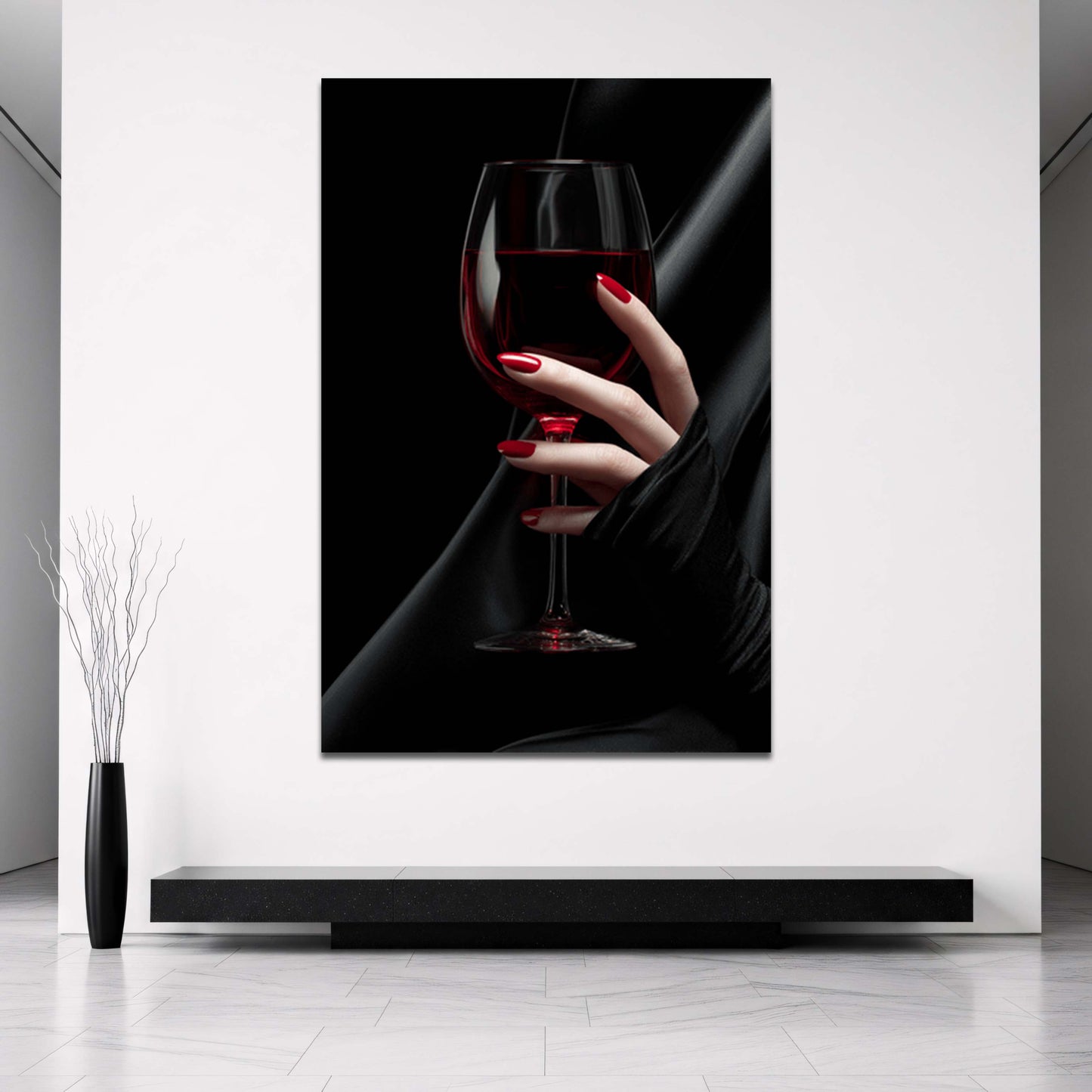 Eleganza con bicchiere di vino e unghie rosse quadro